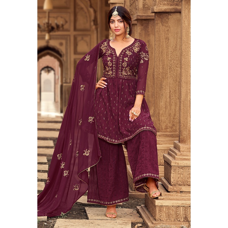 Sharara Set in Maroon Beautifully Embroidered Suit