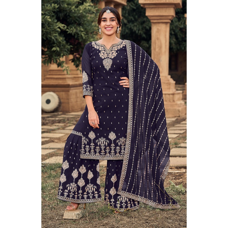 Sharara Set in Navy Blue Beautifully Embroidered Suit