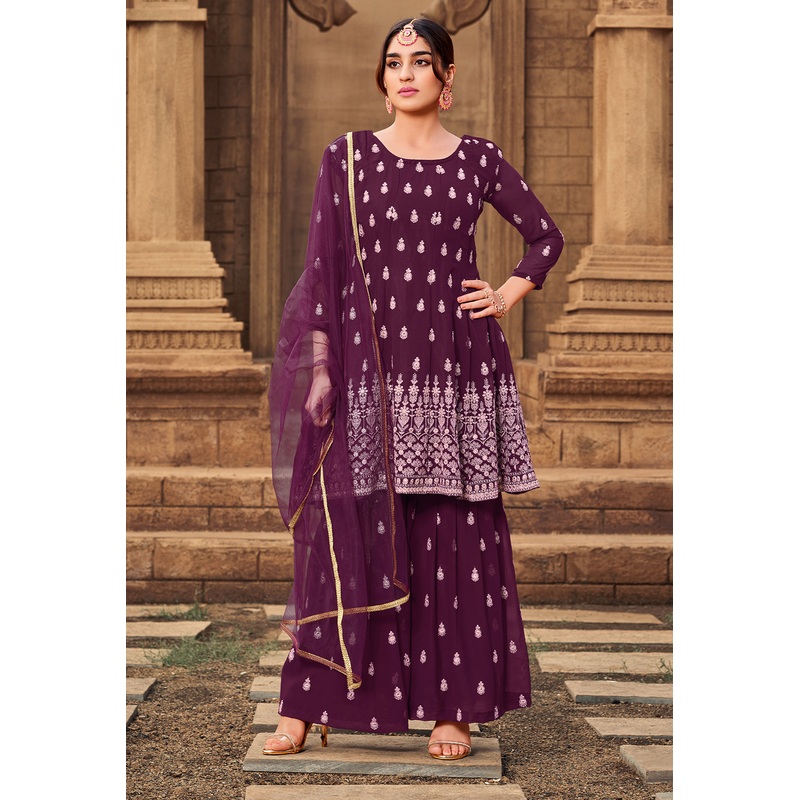 Sharara Set in Plum Wine Beautifully Embroidered Suit