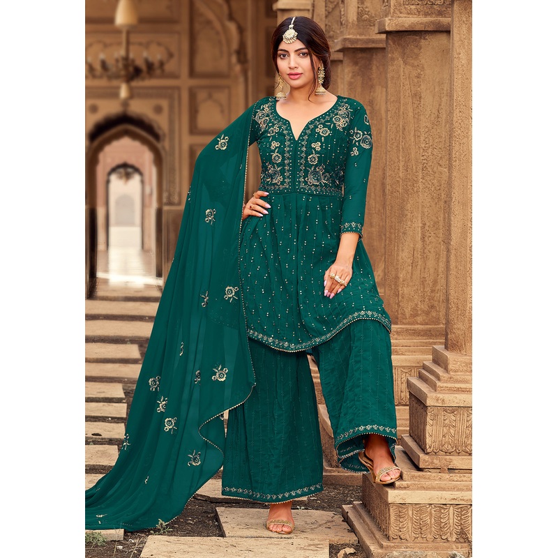 Sharara Set in Teal Green Beautifully Embroidered Suit