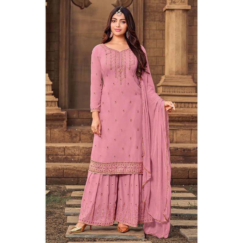 Sharara Set in Thulian Pink Beautifully Embroidered Suit