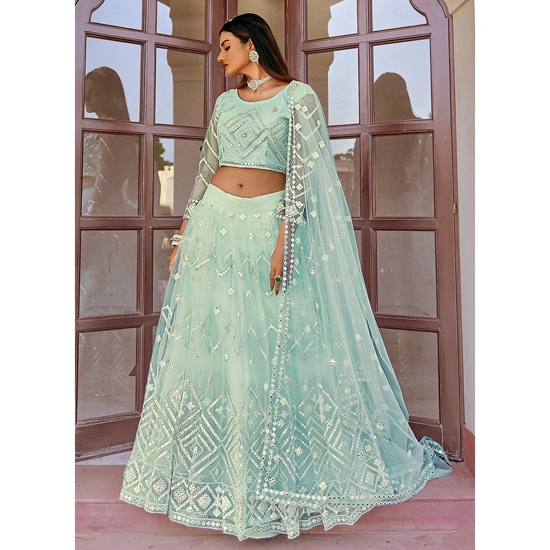 Sky Blue Mirror Embellished Wedding Lehenga Choli