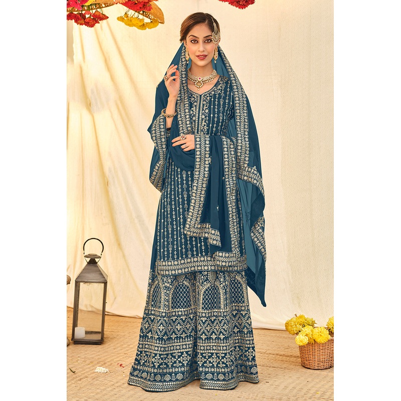Teal Blue All Over Embroidered Palazzo Style Suit