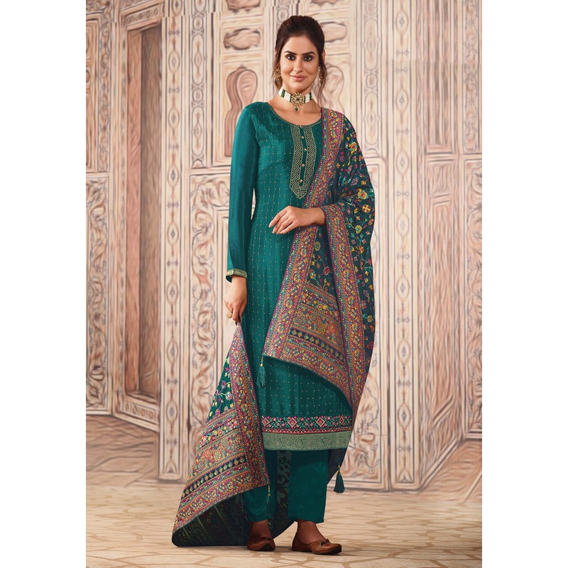 Teal Green Chinnon Sequins Embroidered Pant Style Suit