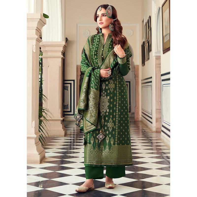 Viscose Green Pakistani Style Embroidered Designer Suit