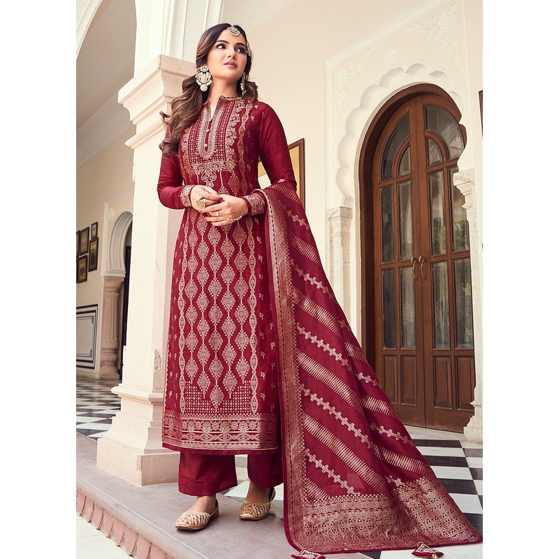 Viscose Maroon Pakistani Style Embroidered Designer Suit
