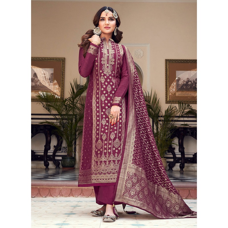 Viscose Purple Pakistani Style Embroidered Designer Suit