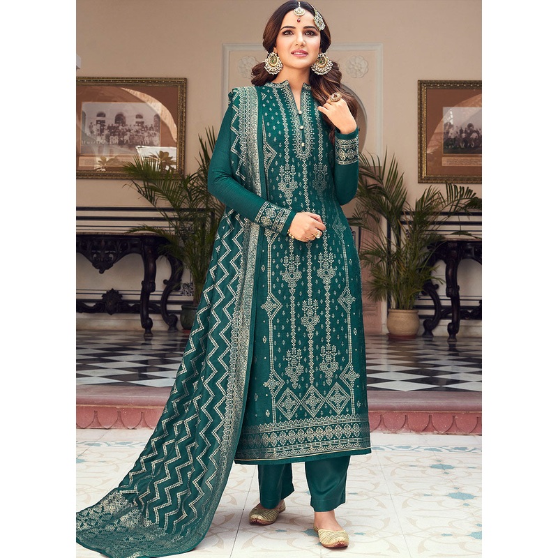 Viscose Teal Green Pakistani Style Embroidered Designer Suit