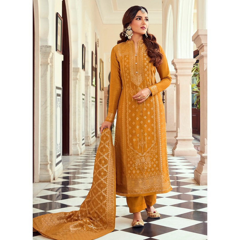 Viscose Yellow Pakistani Style Embroidered Designer Suit