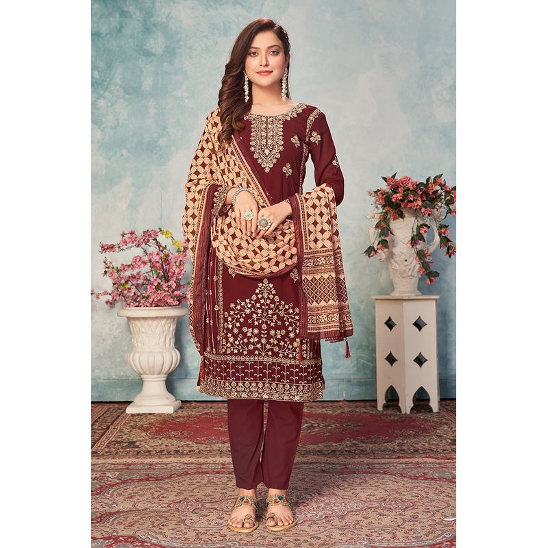 Wine Maroon Festival Wear Embroidered Georgette Suit