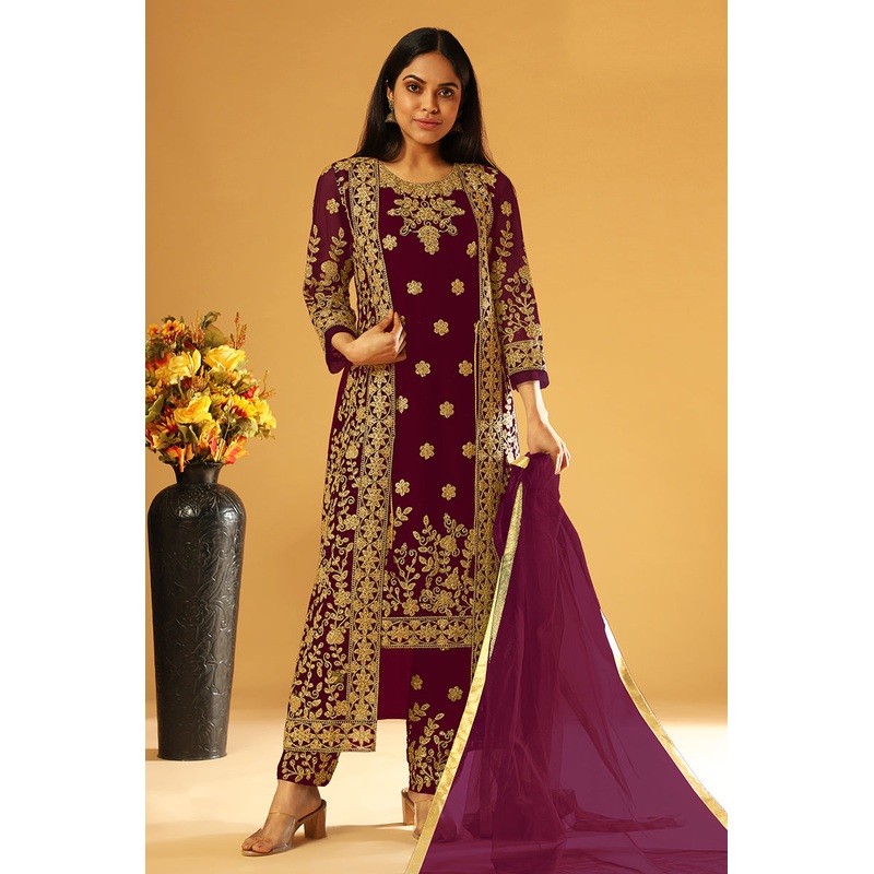 Wine Purple Festive Wear Straight Cut Pant Style Suit