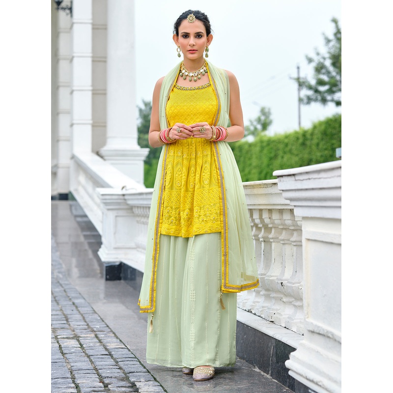 Yellow & Green Palazzo Style Viscose Georgette Peplum Suit