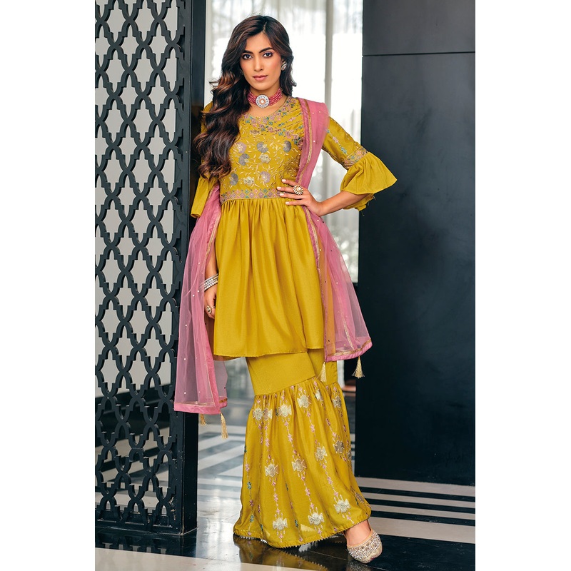 Amber Yellow Bell Sleeves Peplum Sharara Suit