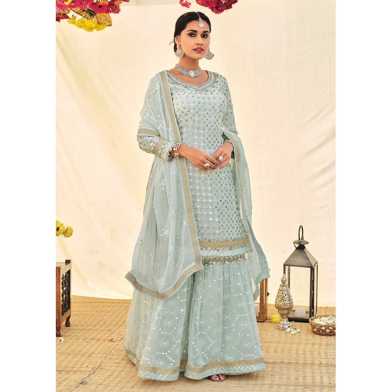 Aqua Blue Zari & Mirror Embroidered Festive Sharara Suit