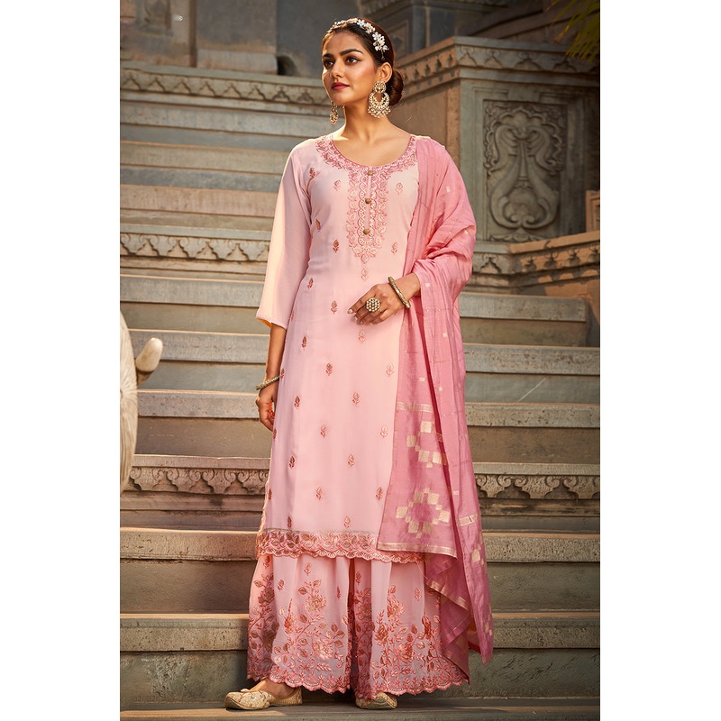 Beautiful Blush Pink Georgette Festive Designer Sharara Suit