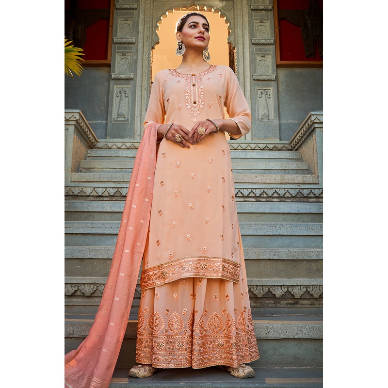Beautiful Light Peach Georgette Festive Designer Sharara Suit