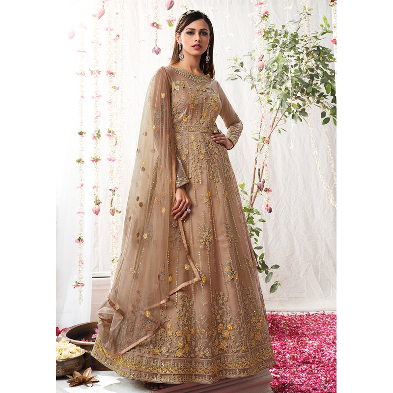 Beige Gold Wedding Festive Floor Length Anarkali Suit