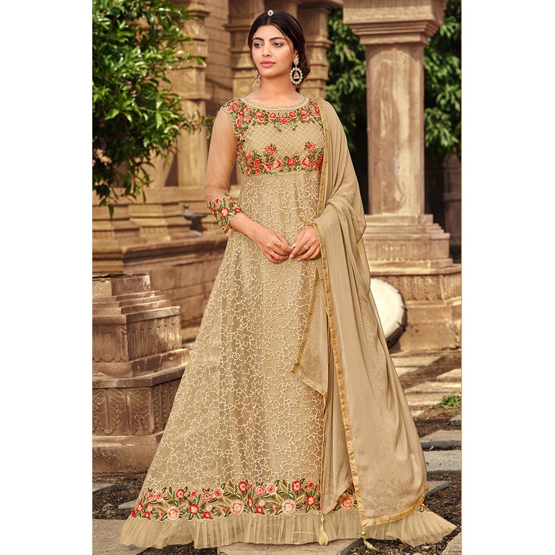 Beige Heavy Butterfly Net Beautiful Anarkali Suit