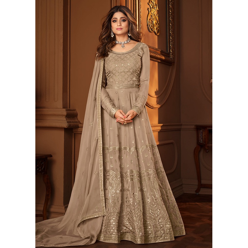 Beige Indian Embroidered Shamita Shetty Anarkali Suit