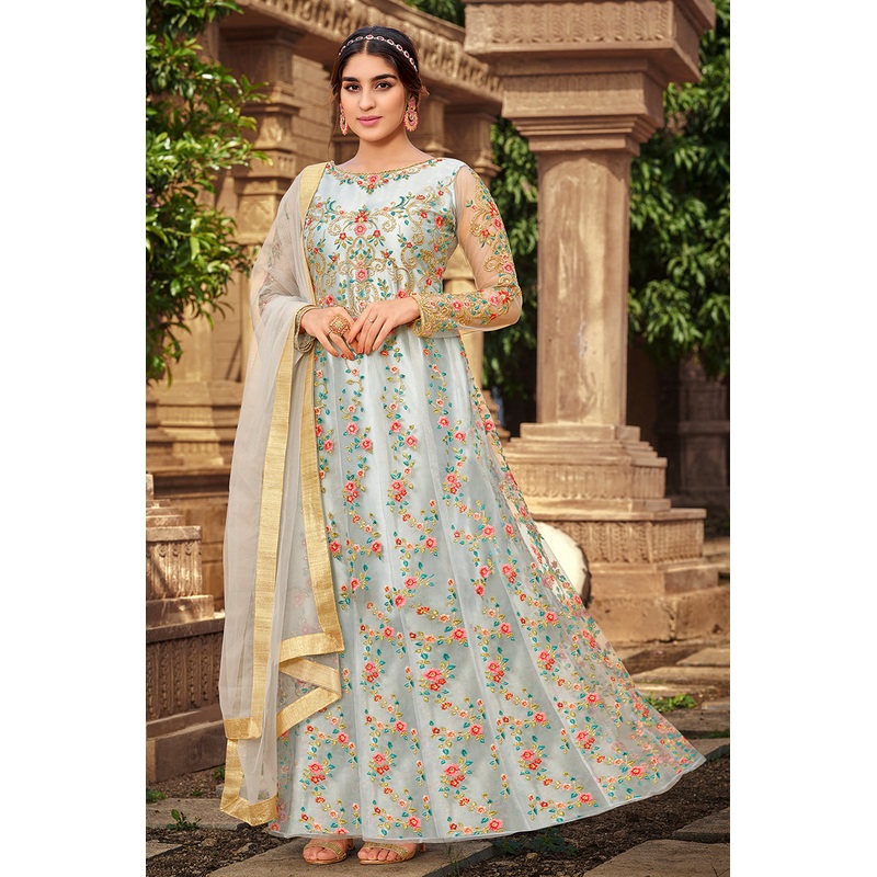 Bluish Grey Heavy Butterfly Net Beautiful Anarkali Suit