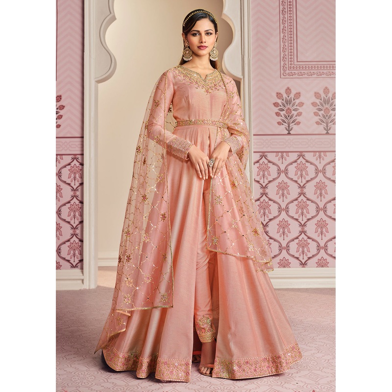 Blush Pink Art Silk Fabric Indian Embroidered Anarkali Suit