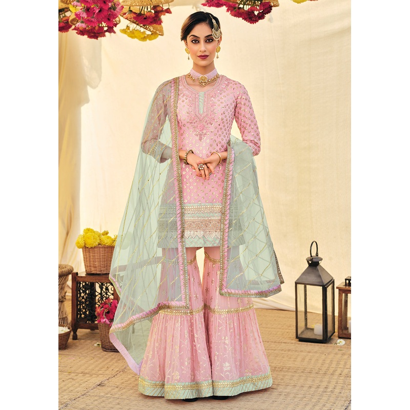 Blush Pink Zari & Mirror Embroidered Festive Sharara Suit