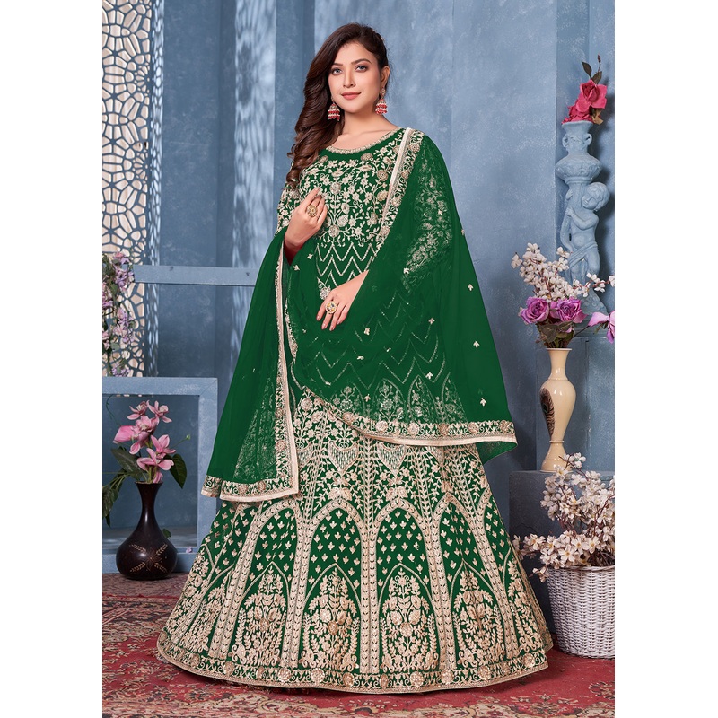 Bottle Green Net Abaya Style Heavy Embroidered Anarkali Suit