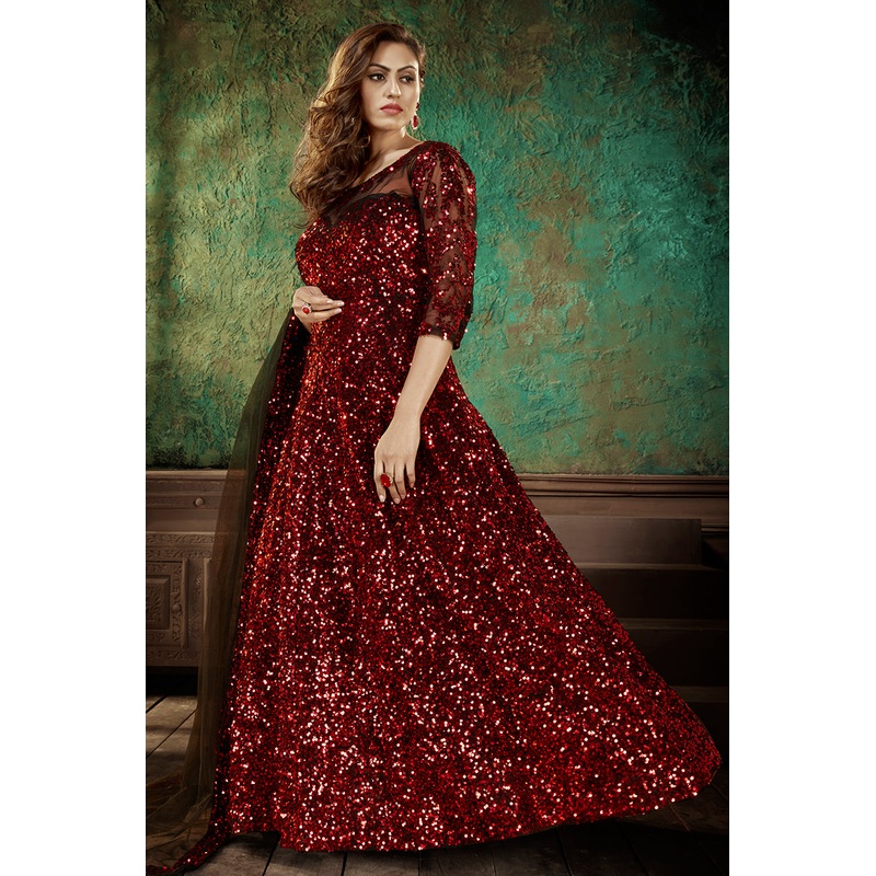 Bright Red Party Wear Sequins Net Anarkali Gown