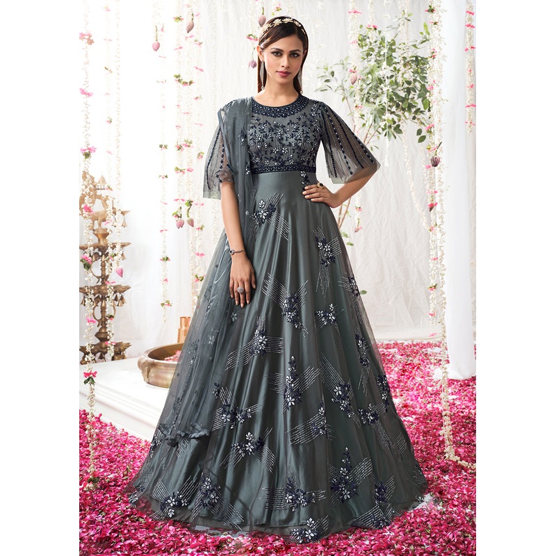 Charcoal Grey Wedding Festive Floor Length Anarkali Suit