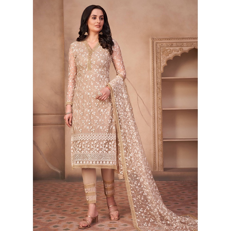 Chiku Beige Mono Net Festival Wear Pant Suit