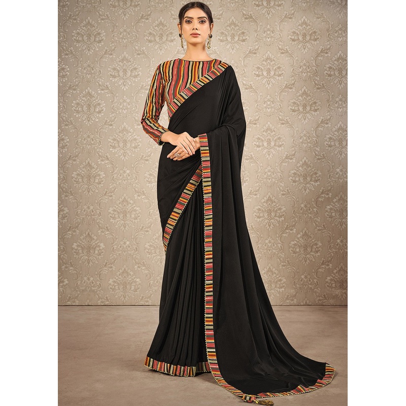 Classy Black Digital Print Satin Silk Designer Saree