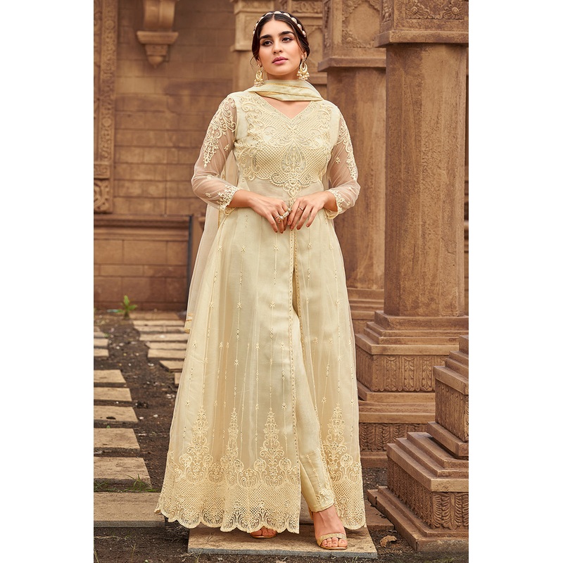 Cream Heavy Butterfly Net Beautiful Anarkali Suit