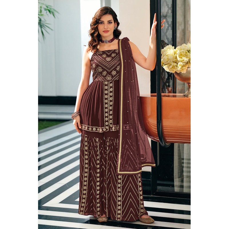 Dark Brown Spaghetti Straps Peplum Sharara Suit