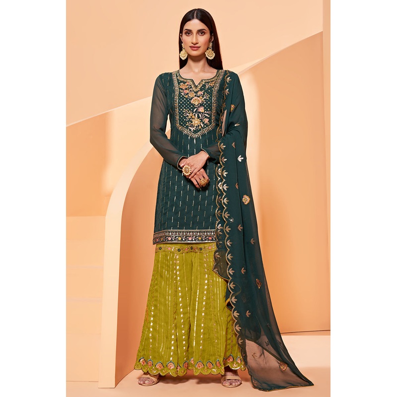 Dark Green Designer Pakistani Style Sequins Sharara Suit