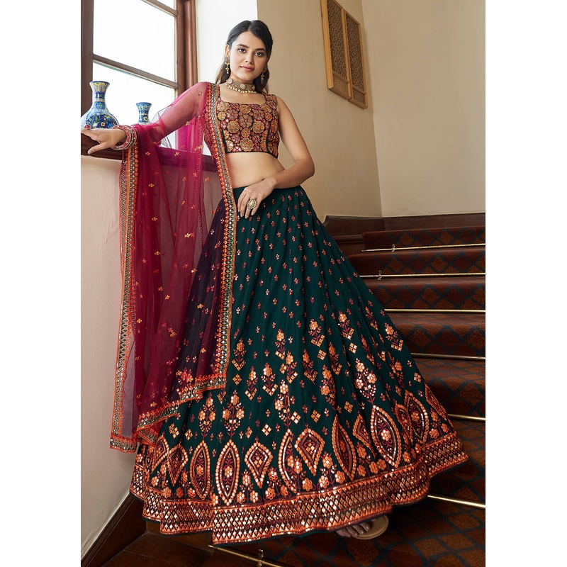 Dark Green Sequins & Gota Patti Work Georgette Lehenga Choli