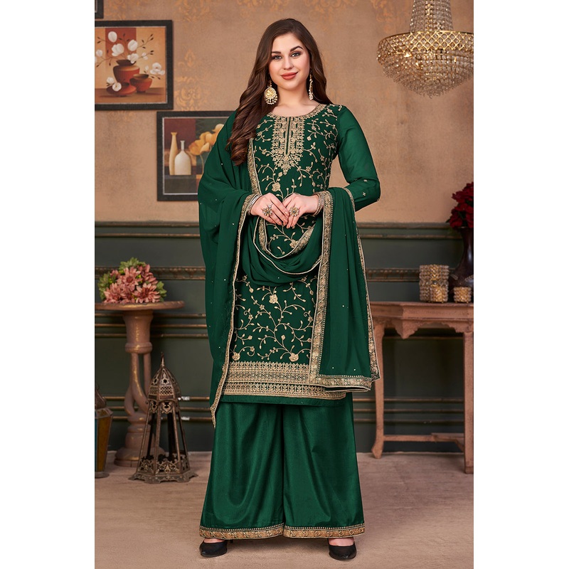 Dark Green Straight Cut Festive Embroidered Palazzo Suit