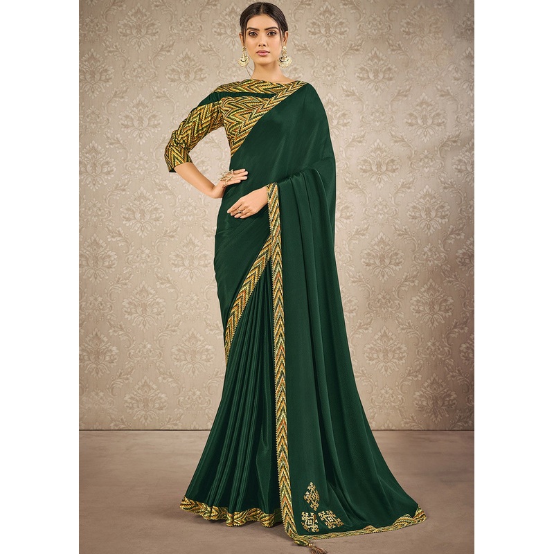 Deep Green Digital Print Satin Silk Designer Saree