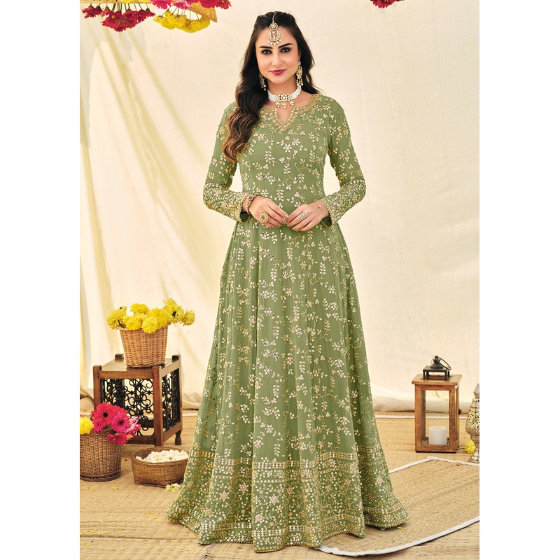 Designer Green Embroidered Georgette Anarkali Suit