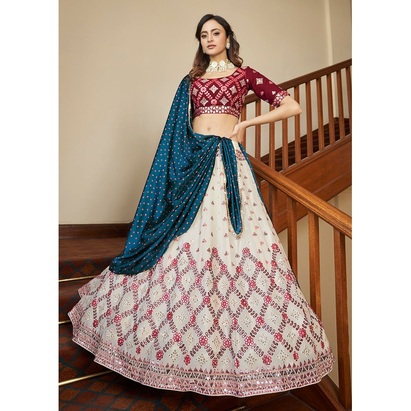 Elegant Beige Sequins & Gota Patti Work Georgette Lehenga Choli