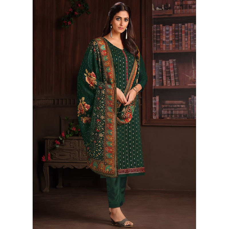 Embroidered Bottle Green Chinnon Festive Salwar Suit