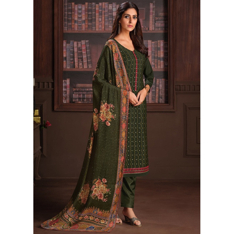 Embroidered Dark Green Chinnon Festive Salwar Suit