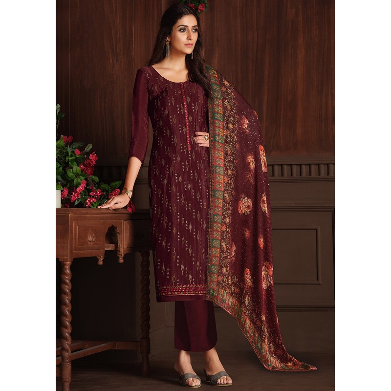 Embroidered Maroon Chinnon Festive Salwar Suit