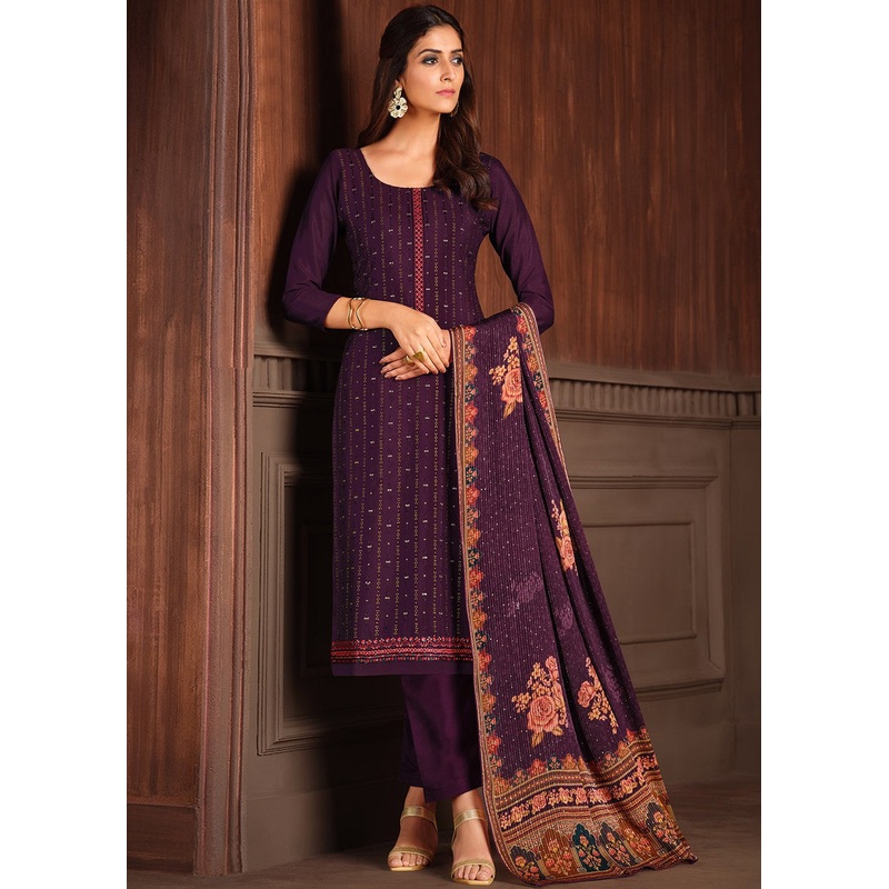 Embroidered Purple Chinnon Festive Salwar Suit