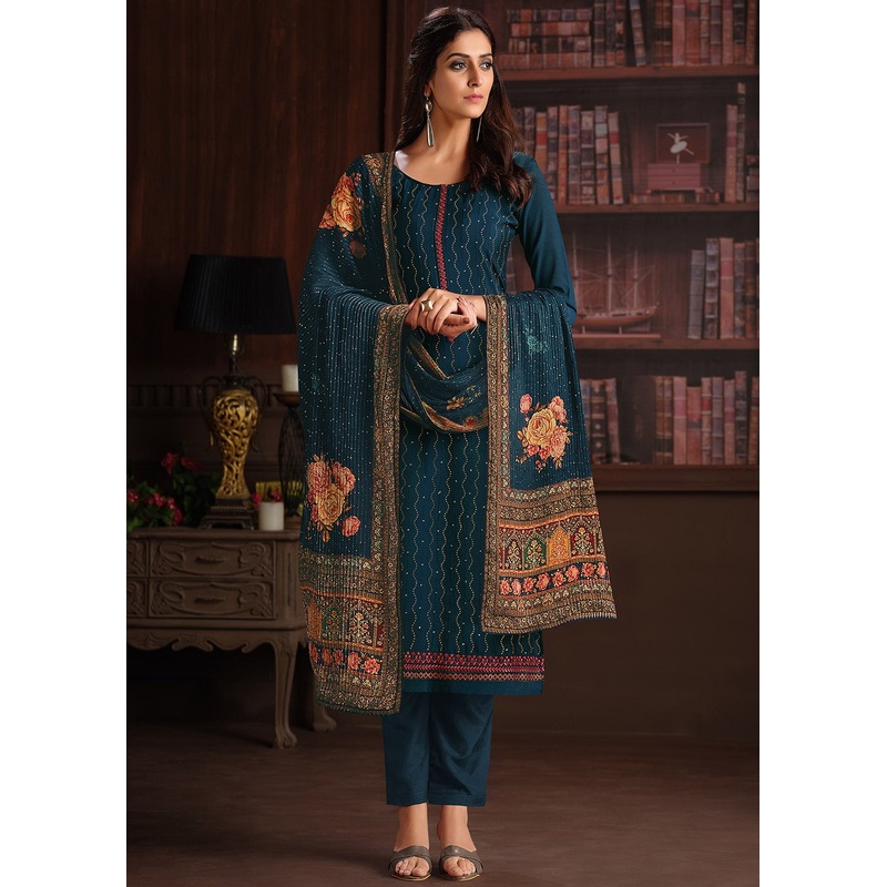 Embroidered Teal Blue Chinnon Festive Salwar Suit