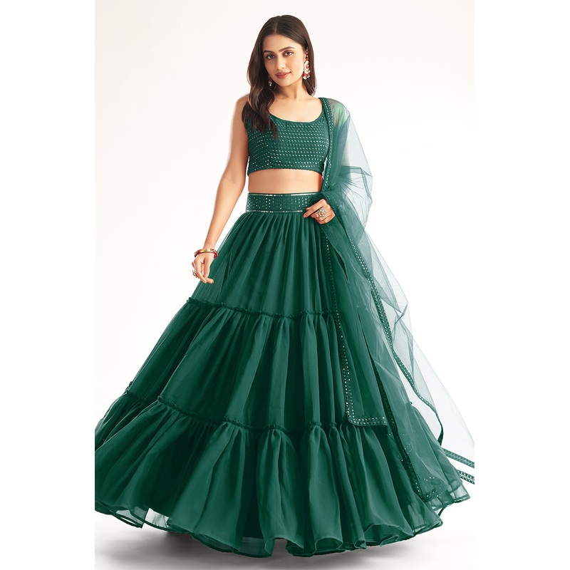 Enchanting Green Ruffle Style Georgette Festive Lehenga Choli