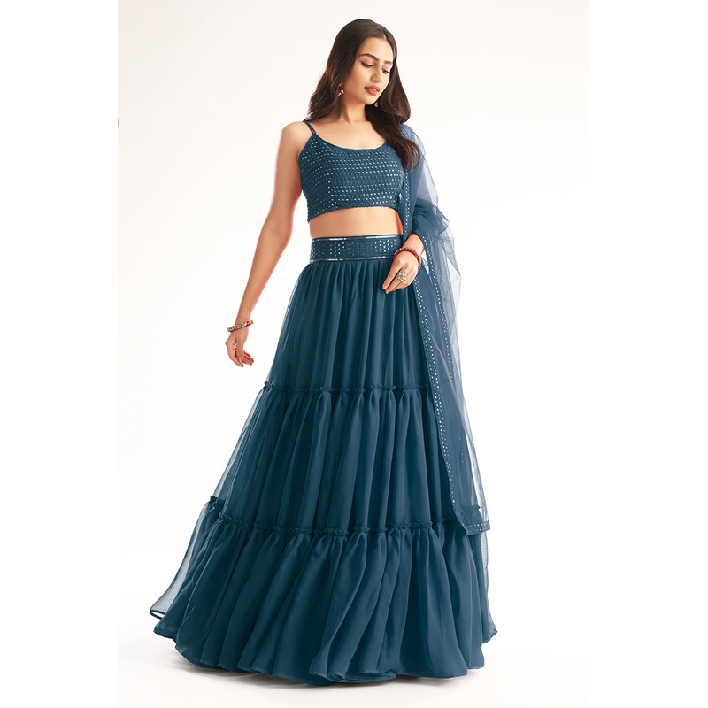 Exquisite Blue Ruffle Style Georgette Festive Lehenga Choli