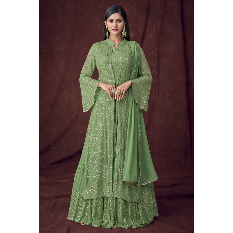 Fancy Fabric Green Jacket Style Designer Lehenga Suit