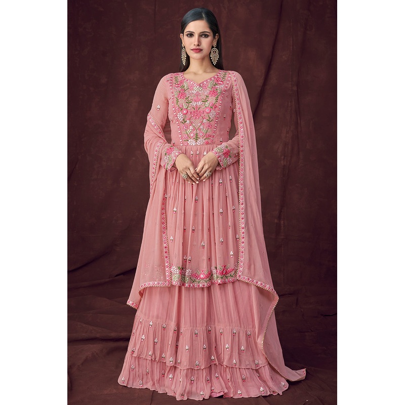 Fancy Fabric Pink Long Style Designer Lehenga Suit