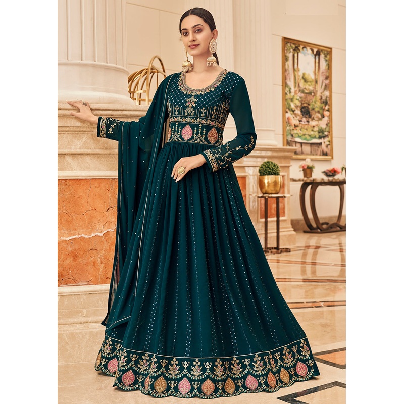 Festive Embroidered Blue Elegant Georgette Anarkali Suit