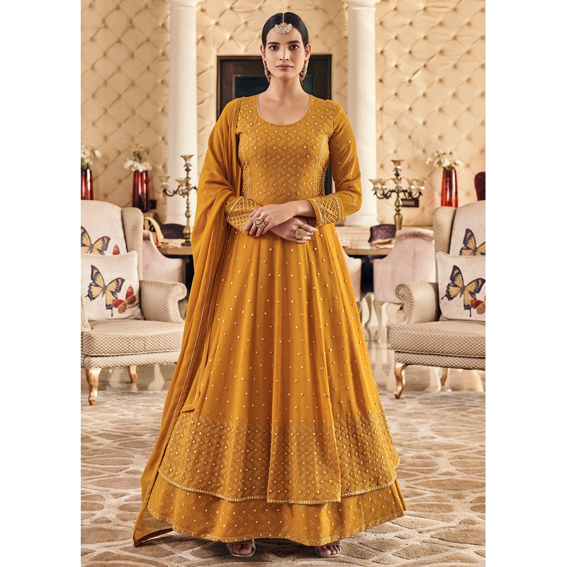 Festive Embroidered Yellow Elegant Georgette Anarkali Suit